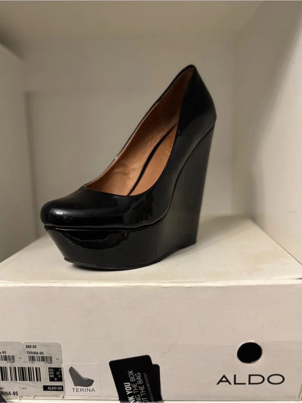 Aldo Black Patent Platform Wedge Pumps